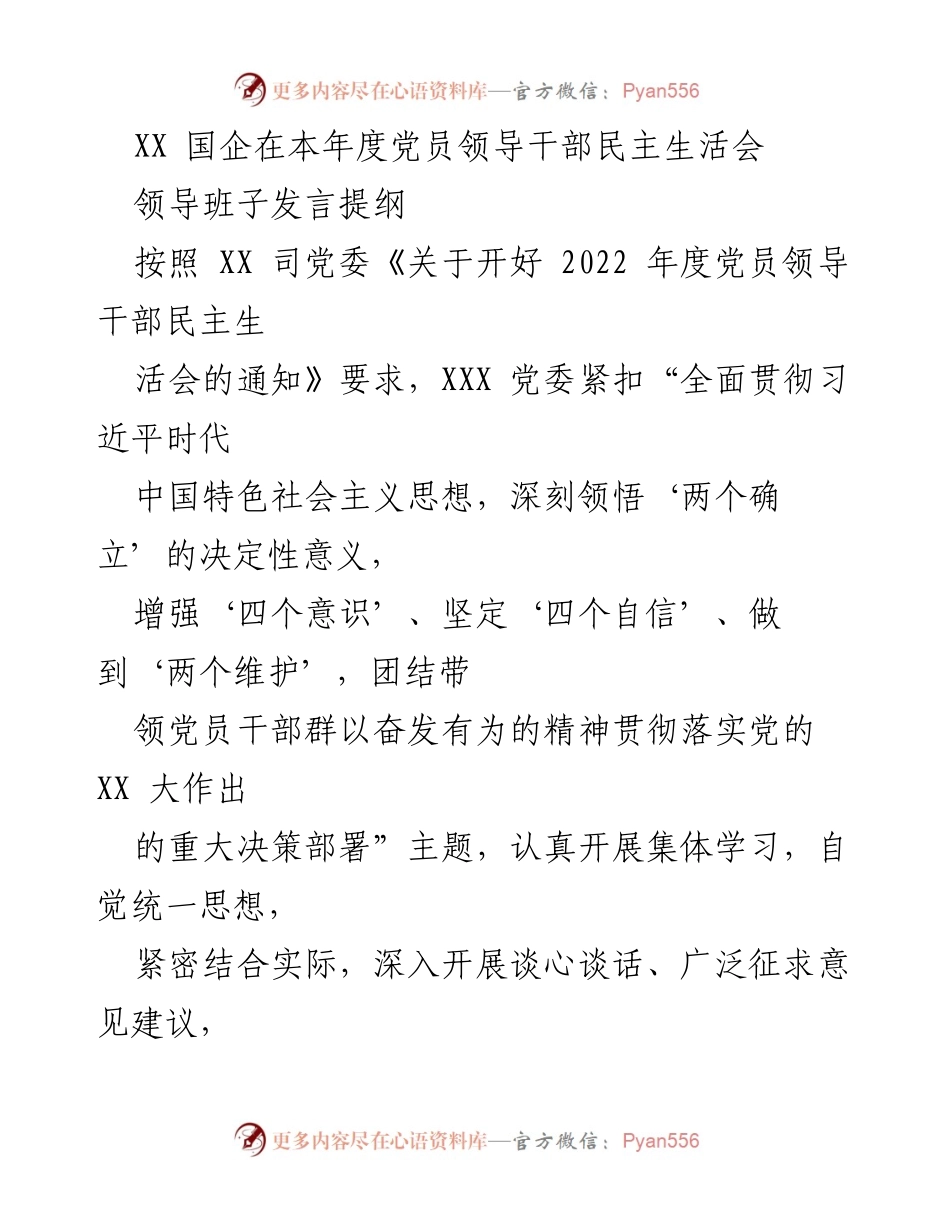 [发言] 党员领导干部民主生活会 - XX 国企党员领导干部民主生活会发言提纲.docx_第1页