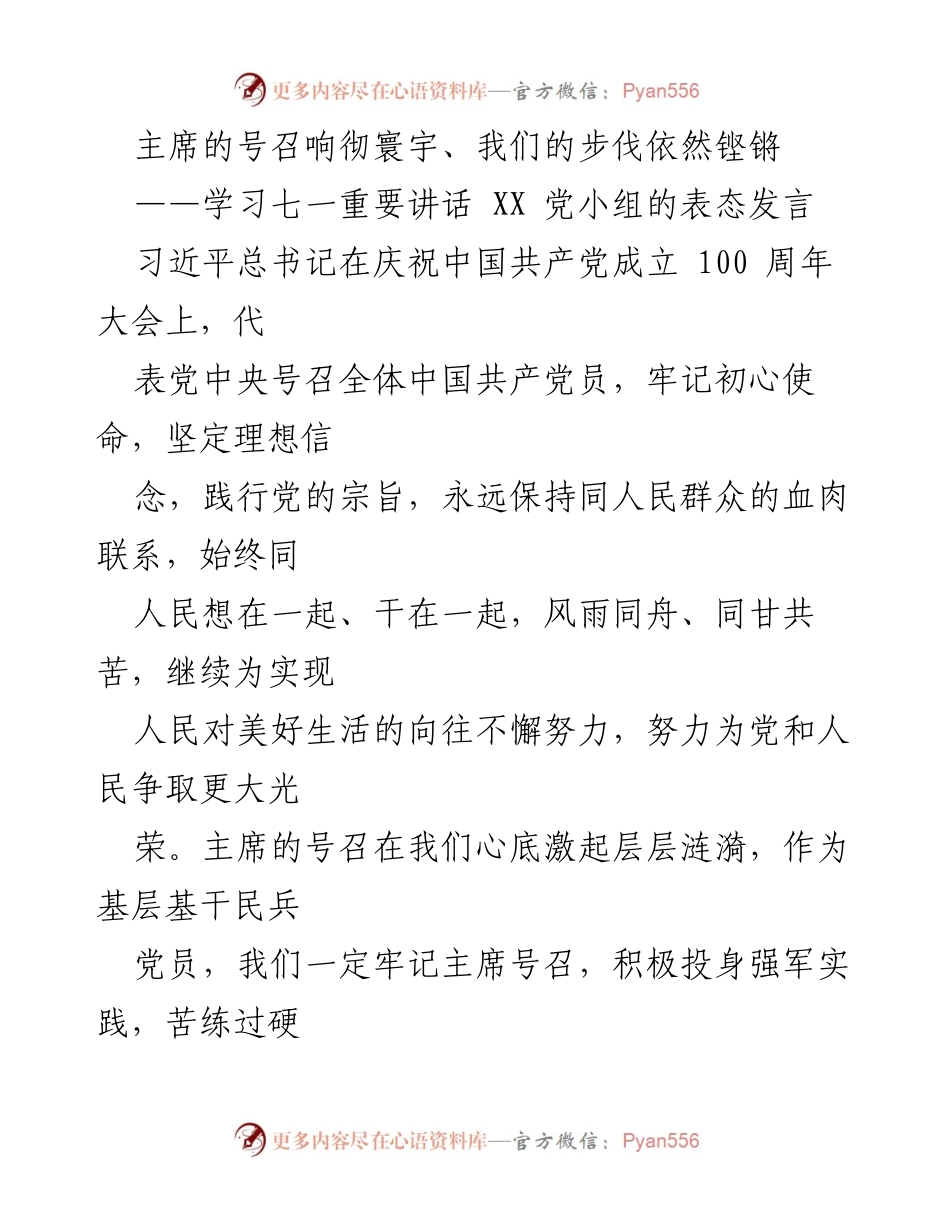 [发言] 党小组学习会 - 坚定初心使命，践行党的宗旨：学习习近平总书记七一讲话的表态发言.docx_第1页