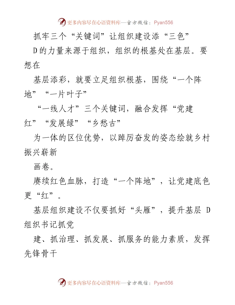 [发言] 党建工作会议 - 抓牢关键词，推动乡村振兴与组织建设融合发展.docx_第1页