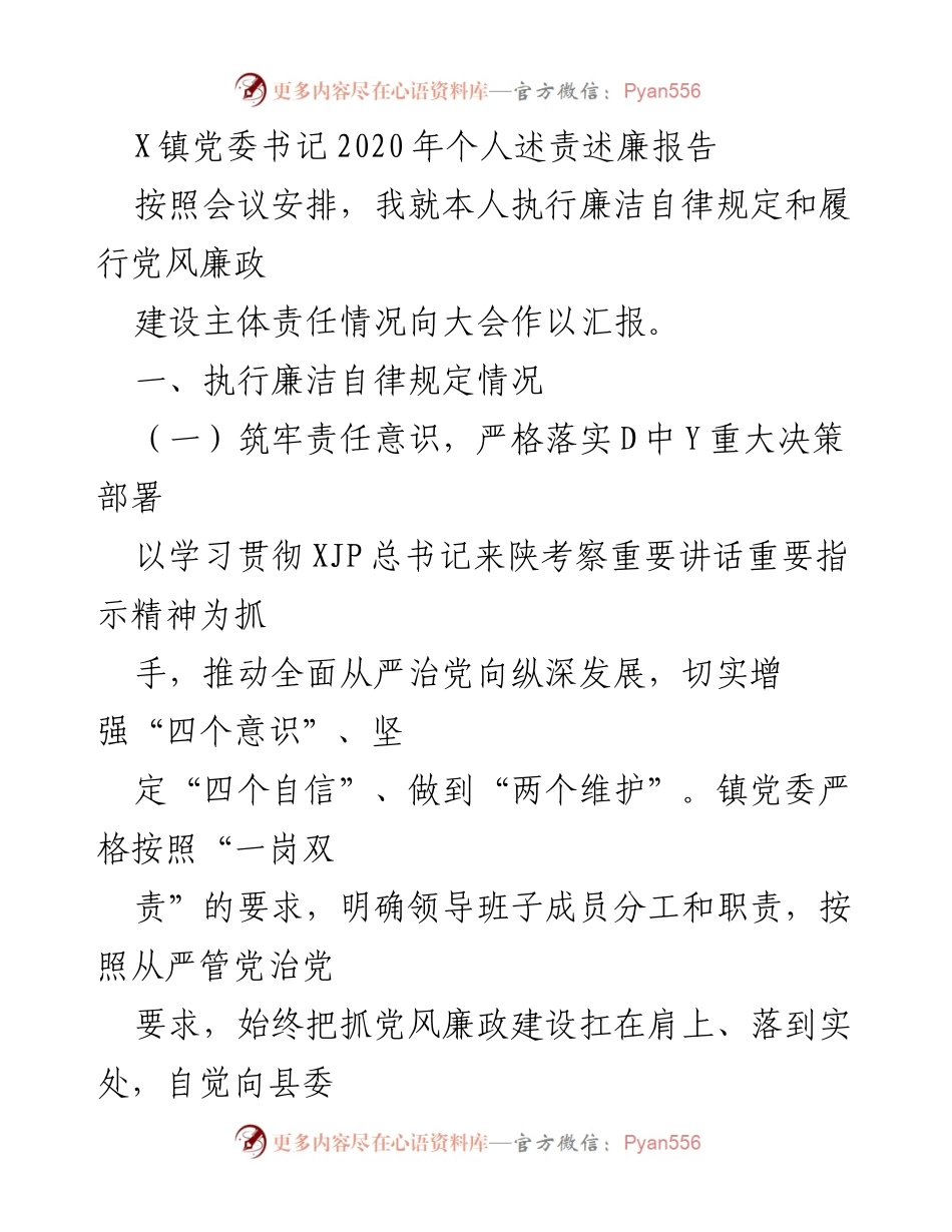 [发言] 党委会议 - 2020年X镇党委书记个人述责述廉报告_1.docx_第1页