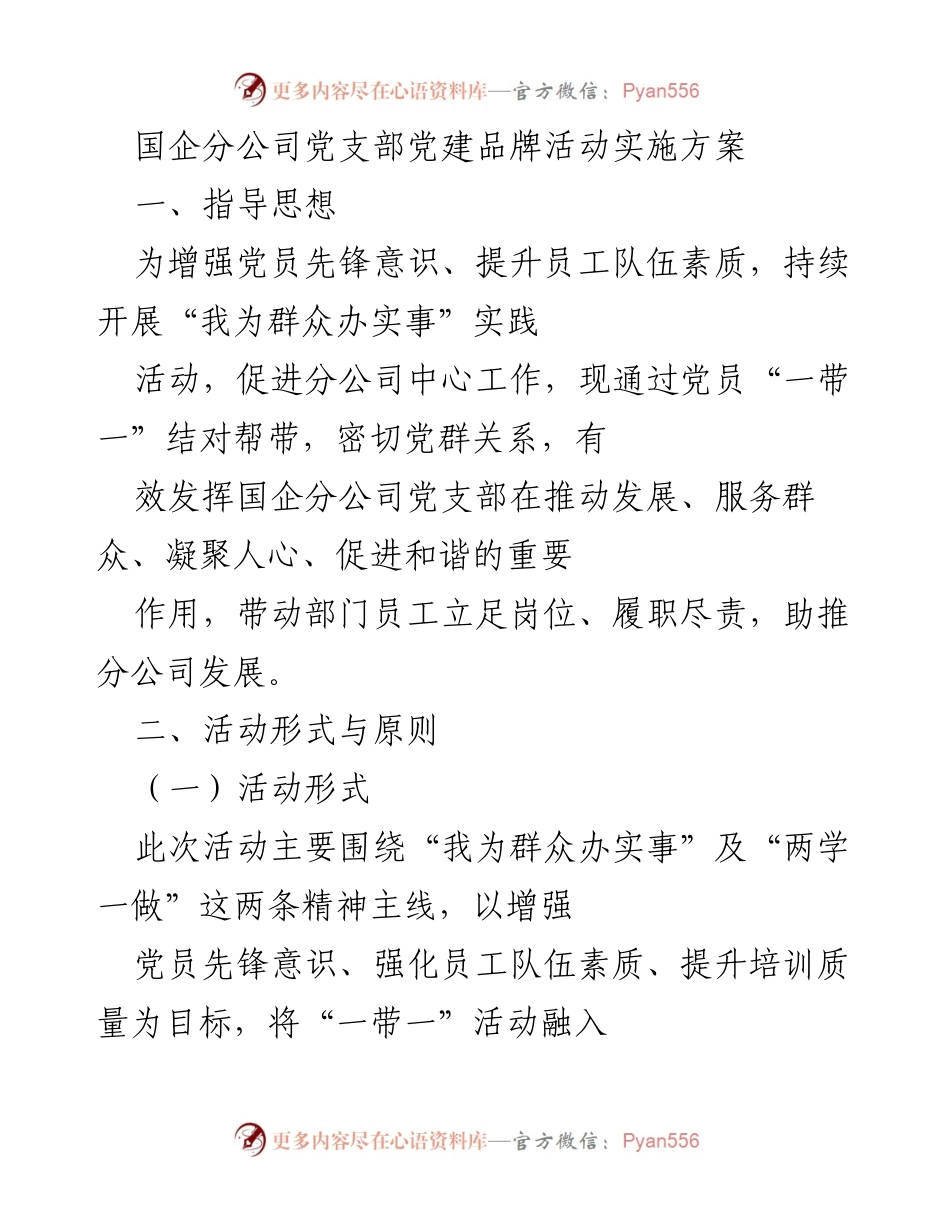 [发言] 党支部活动 - 国企分公司党建品牌活动实施方案.docx_第1页
