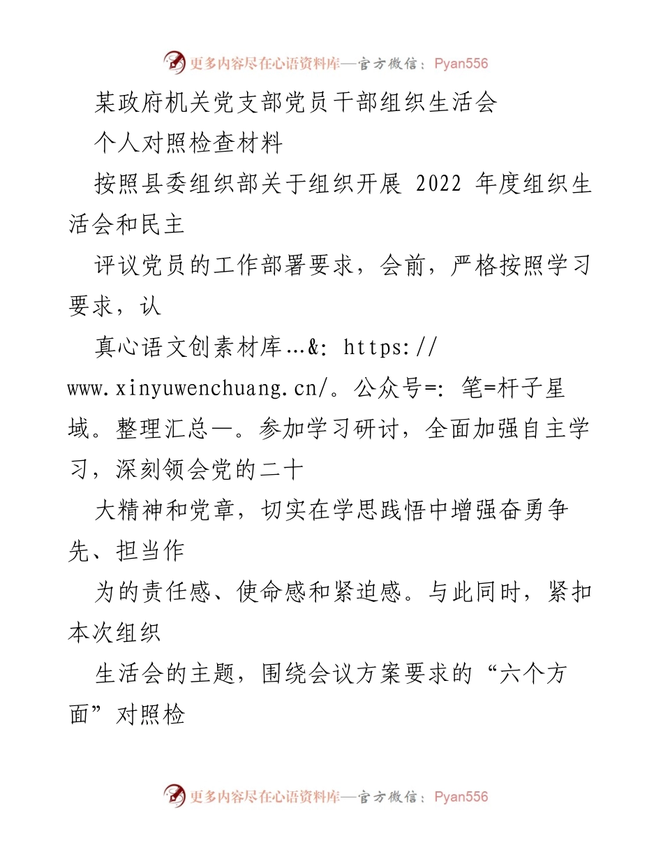 [发言] 党支部组织生活会 - 党员干部对照检查材料总结.docx_第1页