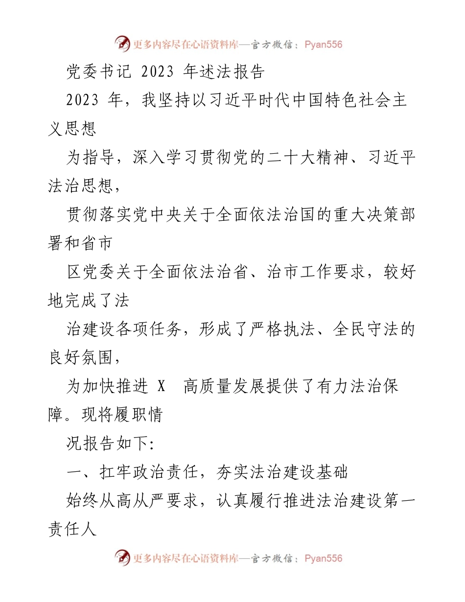 [发言] 党委书记述法报告 - 2023年法治建设履职情况总结_1.docx_第1页