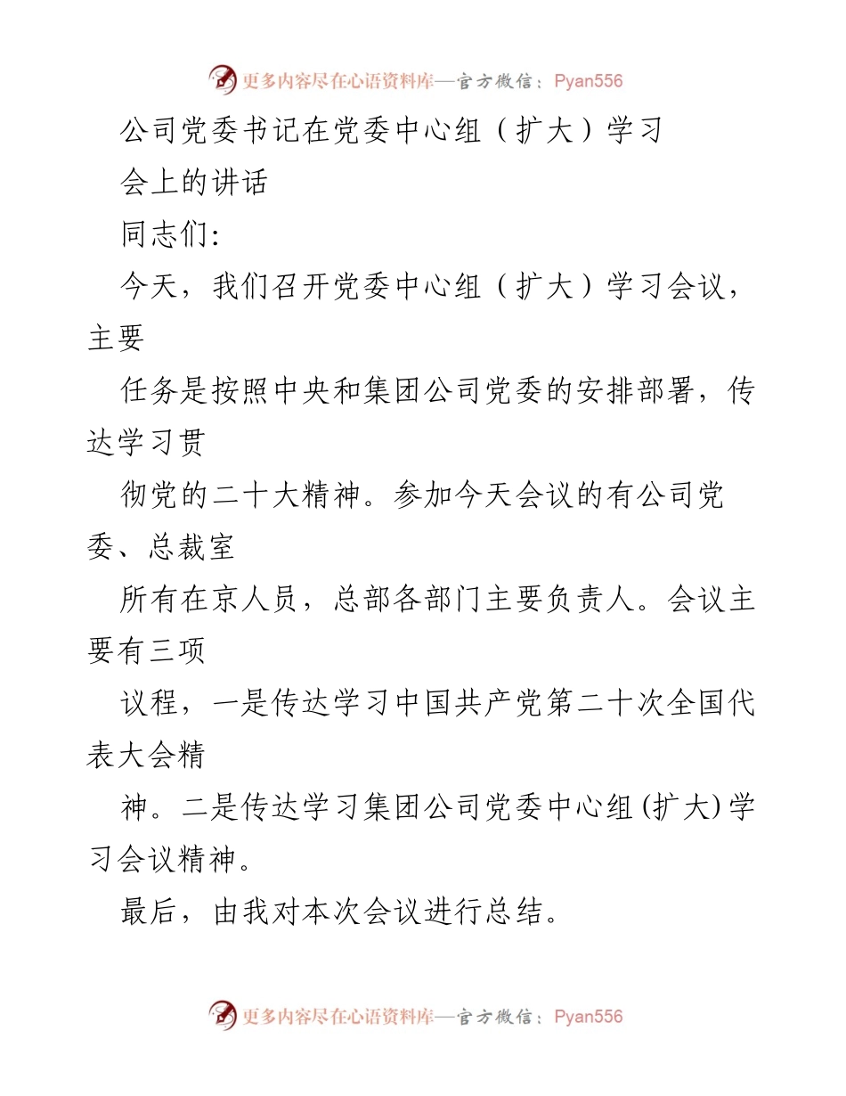 [发言] 党委中心组（扩大）学习会议 - 深入学习贯彻党的二十大精神的重要讲话.docx_第1页