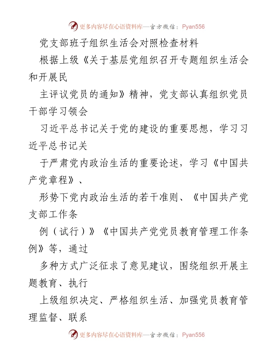 [发言] 党支部组织生活会 - 党支部班子对照检查材料总结.docx_第1页