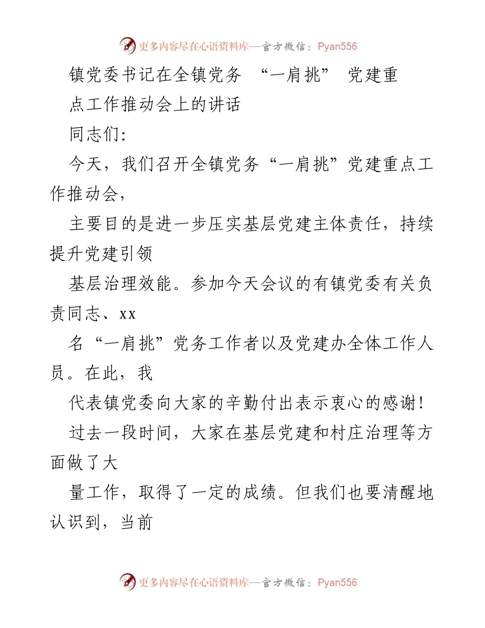 [发言] 党建工作推动会 - 加强基层党建，推动乡村振兴与治理提升.docx_第1页