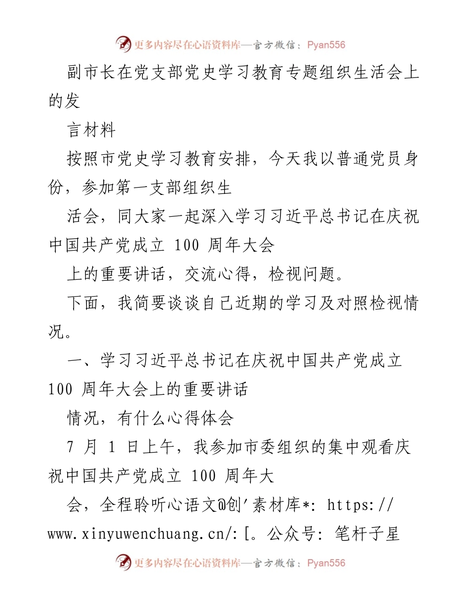 [发言] 党支部党史学习教育专题组织生活会 - 副市长的学习体会与自我检视.docx_第1页