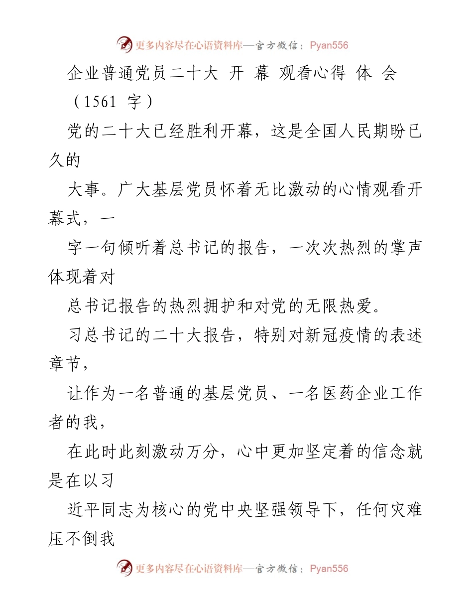 [发言] 党的二十大开幕式 - 企业党员观看心得体会.docx_第1页