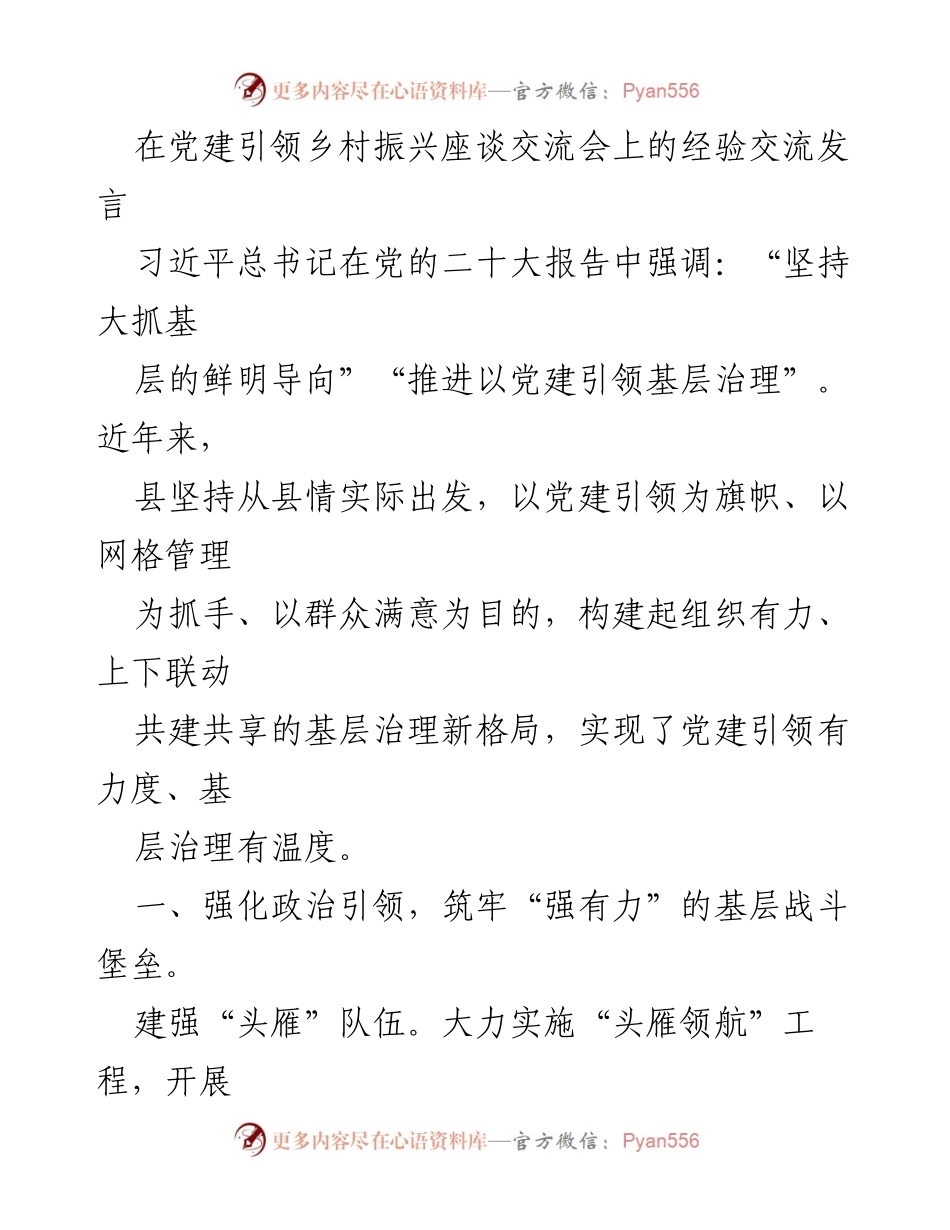 [发言] 党建引领乡村振兴座谈交流会 - 基层治理新格局：党建引领乡村振兴的实践与思考.docx_第1页