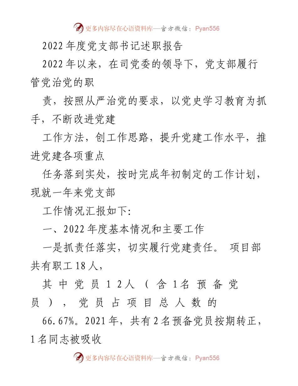 [发言] 党支部年度总结 - 2022年度党支部书记述职报告.docx_第1页