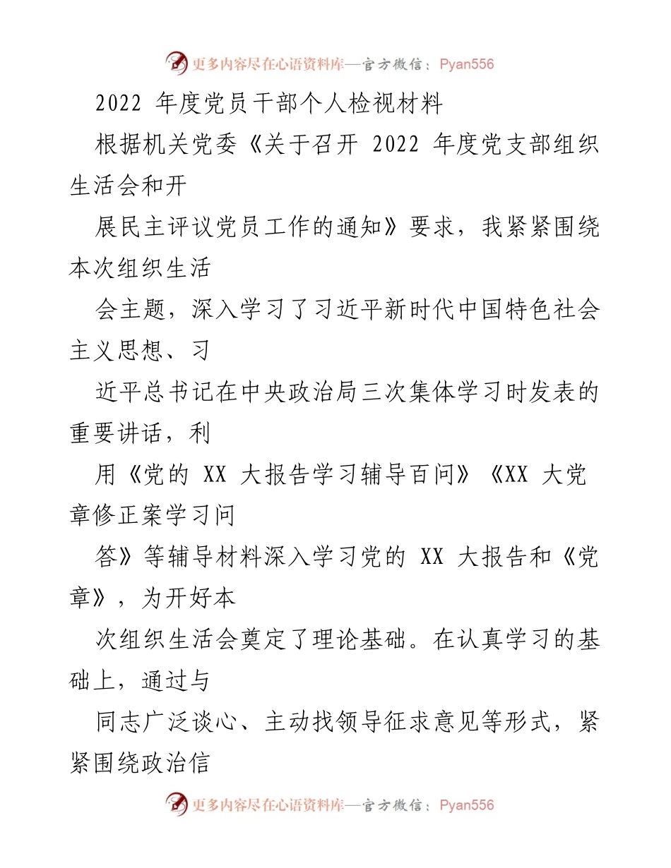 [发言] 党支部组织生活会 - 2022年度党员干部个人检视与反思报告.docx_第1页