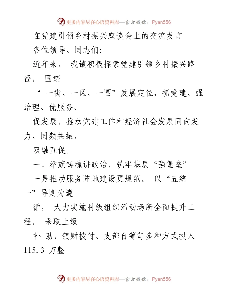 [发言] 党建引领乡村振兴座谈会 - 党建引领下的乡村振兴探索与实践.docx_第1页