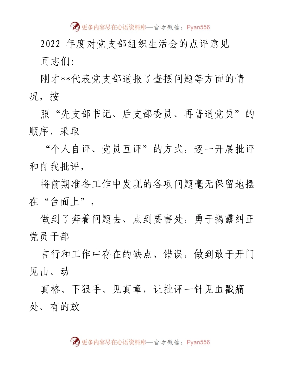 [发言] 党支部组织生活会 - 2022年度党支部组织生活会点评与整改要求.docx_第1页
