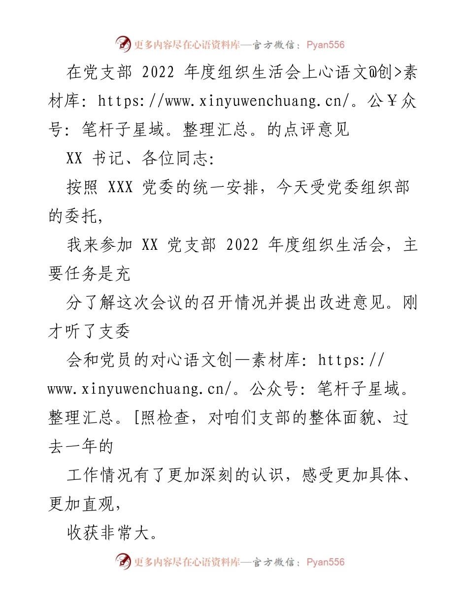 [发言] 党支部年度组织生活会 - 2022年度组织生活会点评与改进建议.docx_第1页
