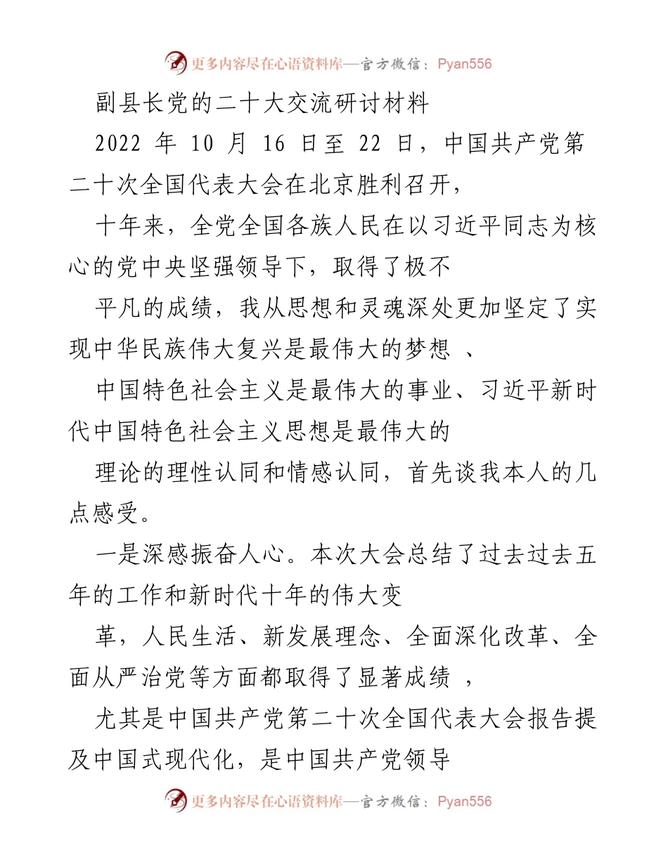 [发言] 党的二十大交流研讨会 - 副县长对党的二十大精神的学习体会与实践展望.docx_第1页