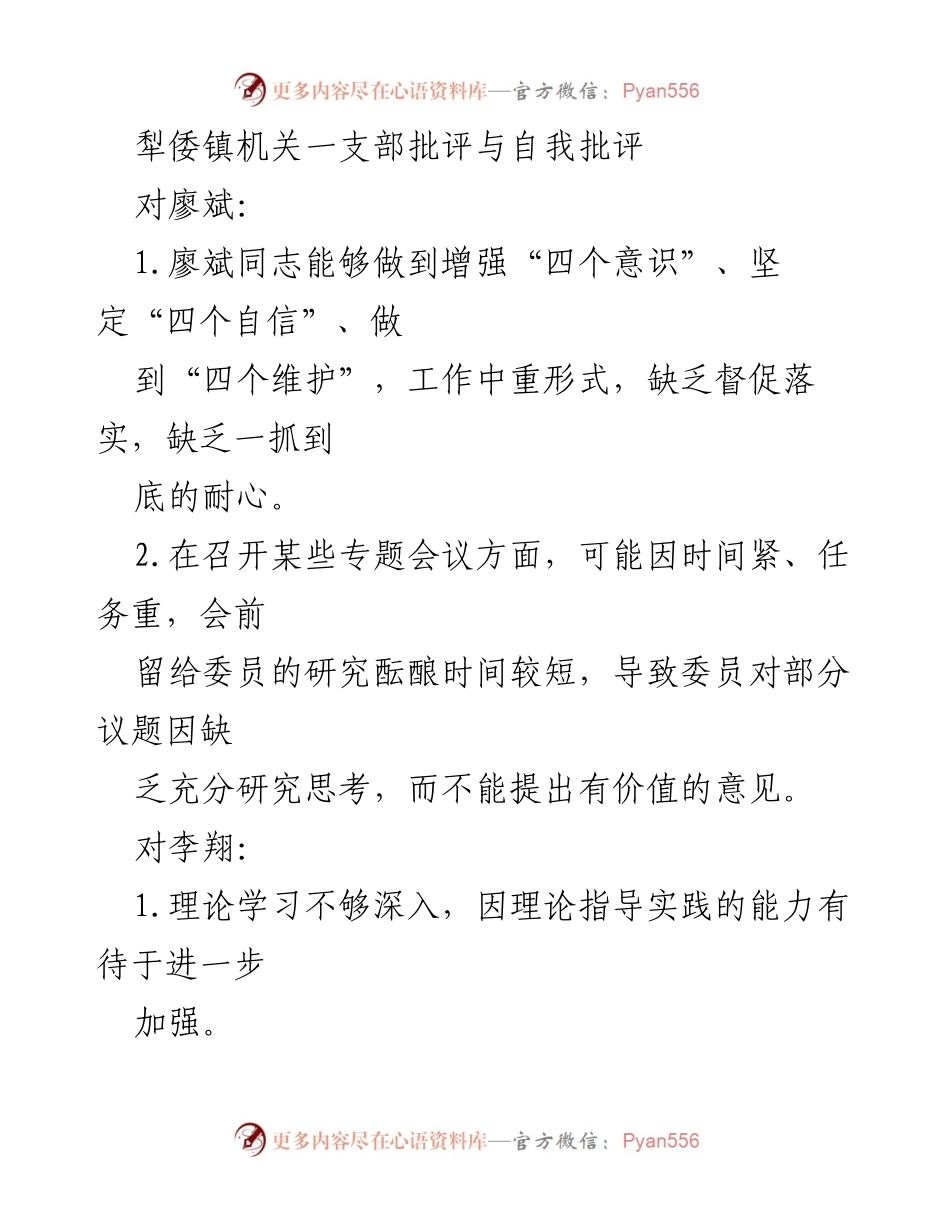 [发言] 党支部批评与自我批评会议 - 犁倭镇机关一支部批评与自我批评总结.docx_第1页
