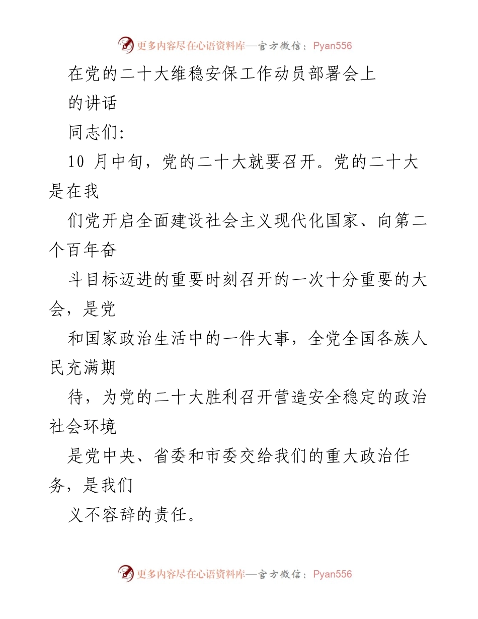 [发言] 党的二十大维稳安保工作动员部署会 - 确保党的二十大顺利召开，提升维稳安保工作意识.docx_第1页