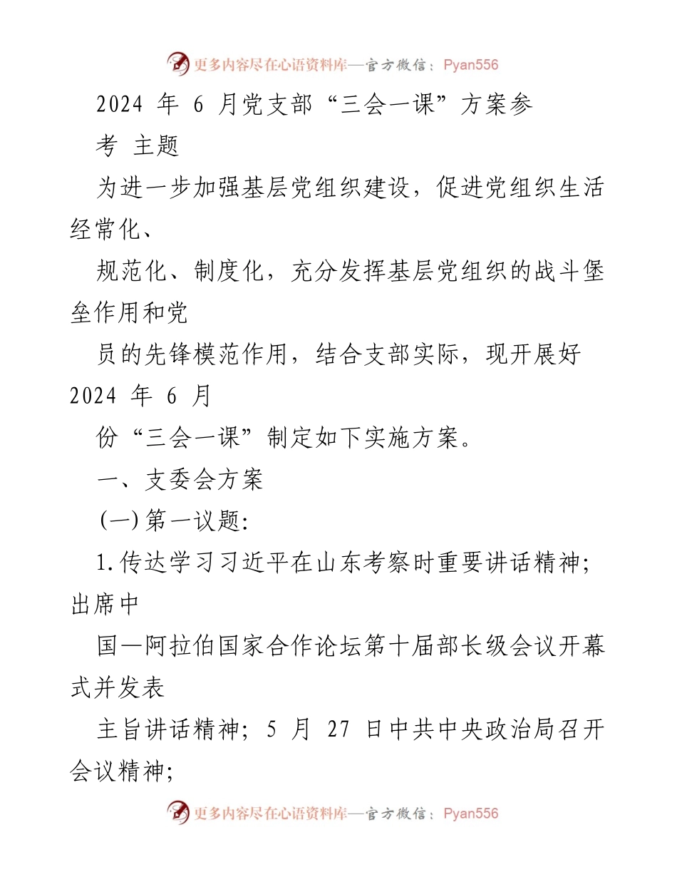 [发言] 党支部会议 - 2024年6月党支部“三会一课”实施方案解读.docx_第1页