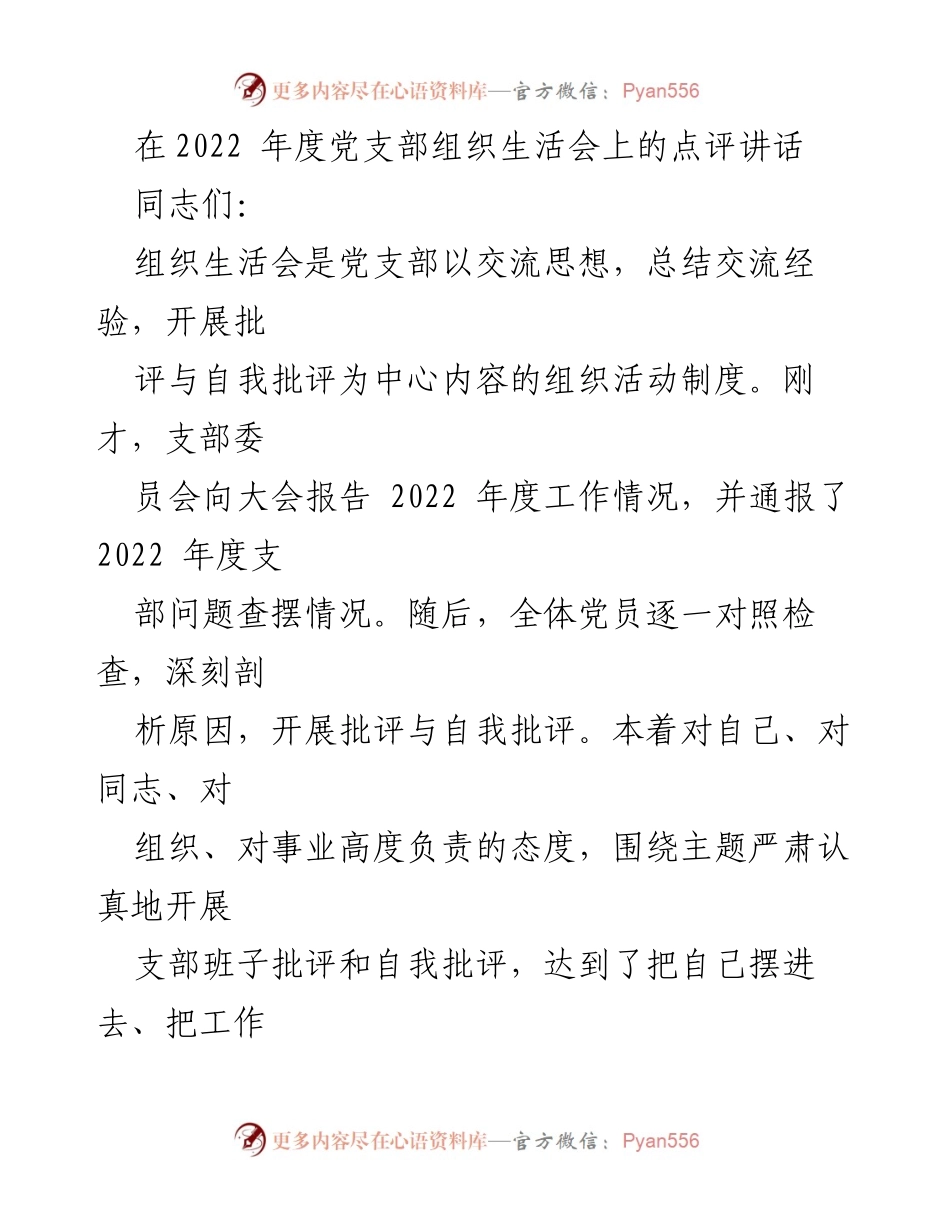[发言] 党支部组织生活会 - 深化自我革命，推动高质量发展.docx_第1页