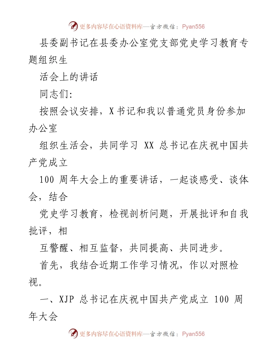 [发言] 党支部组织生活会 - 深入学习党史，增强理论素养与自我检视.docx_第1页
