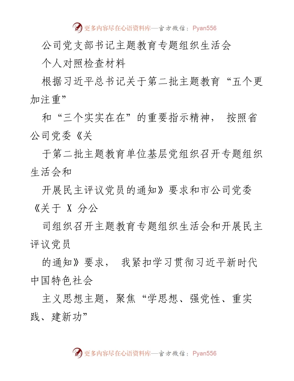 [发言] 党支部书记主题教育专题组织生活会 - 个人对照检查材料汇报.docx_第1页