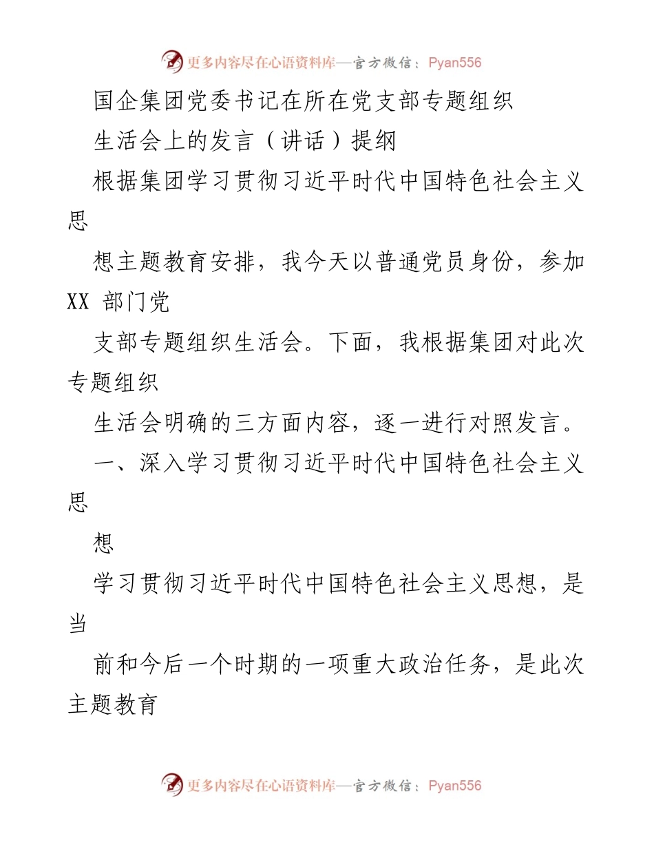 [发言] 党支部专题组织生活会 - 深入学习贯彻习近平新时代中国特色社会主义思想的实践与反思.docx_第1页