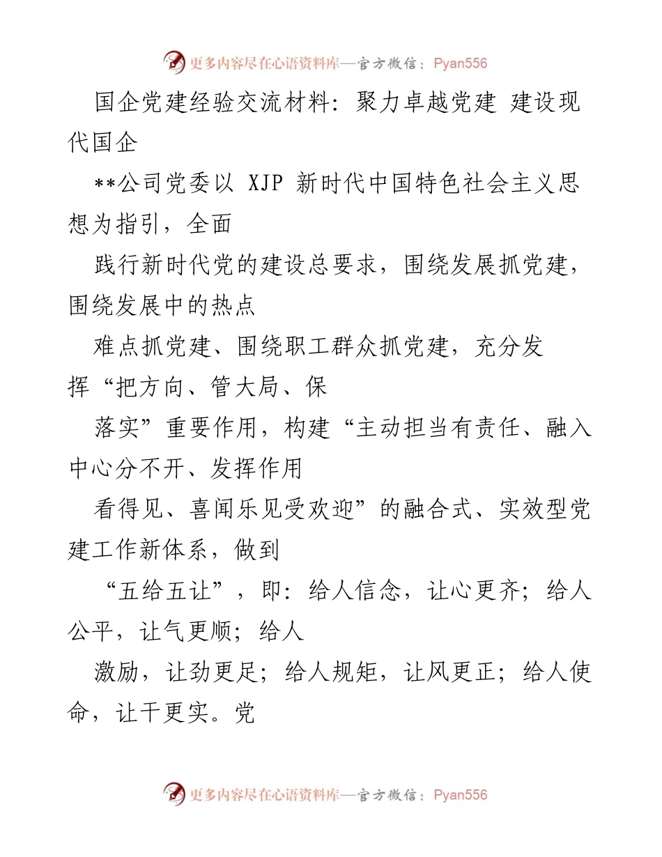 [发言] 党建经验交流会 - 聚力卓越党建，建设现代国企的实践与思考_1.docx_第1页