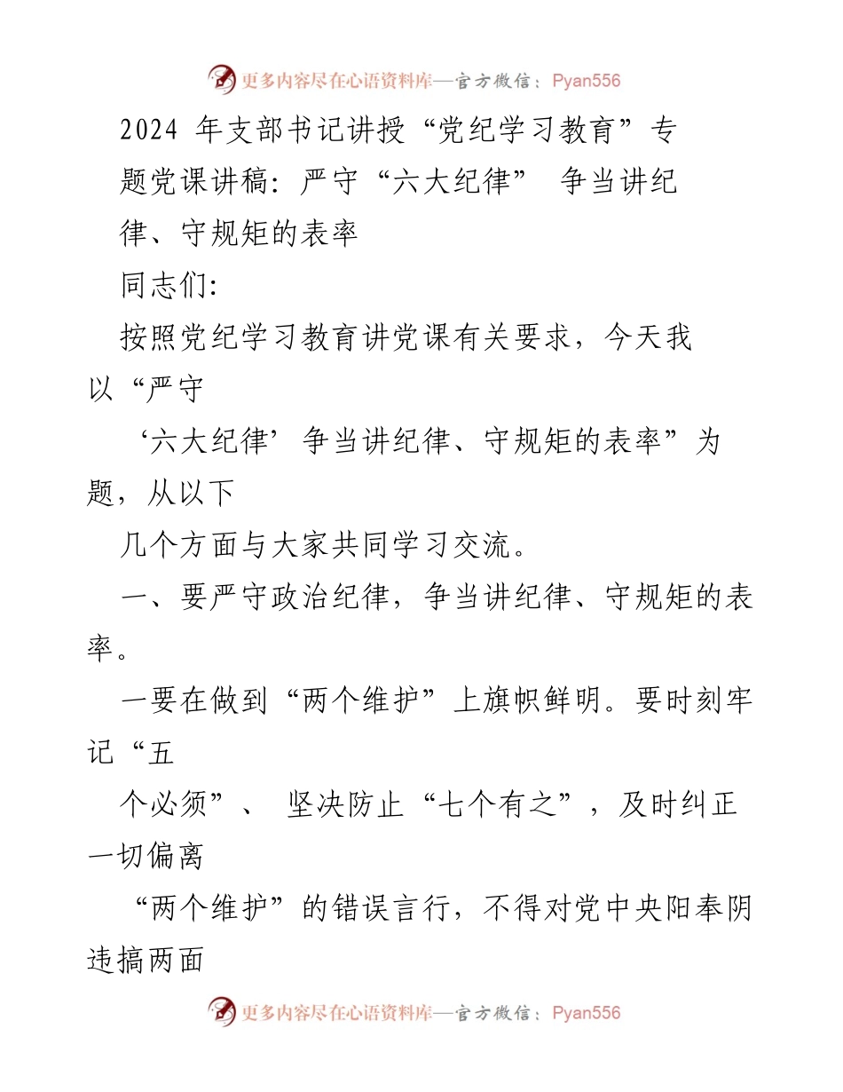 [发言] 党支部学习会议 - 严守“六大纪律”，争当纪律与规矩的表率.docx_第1页