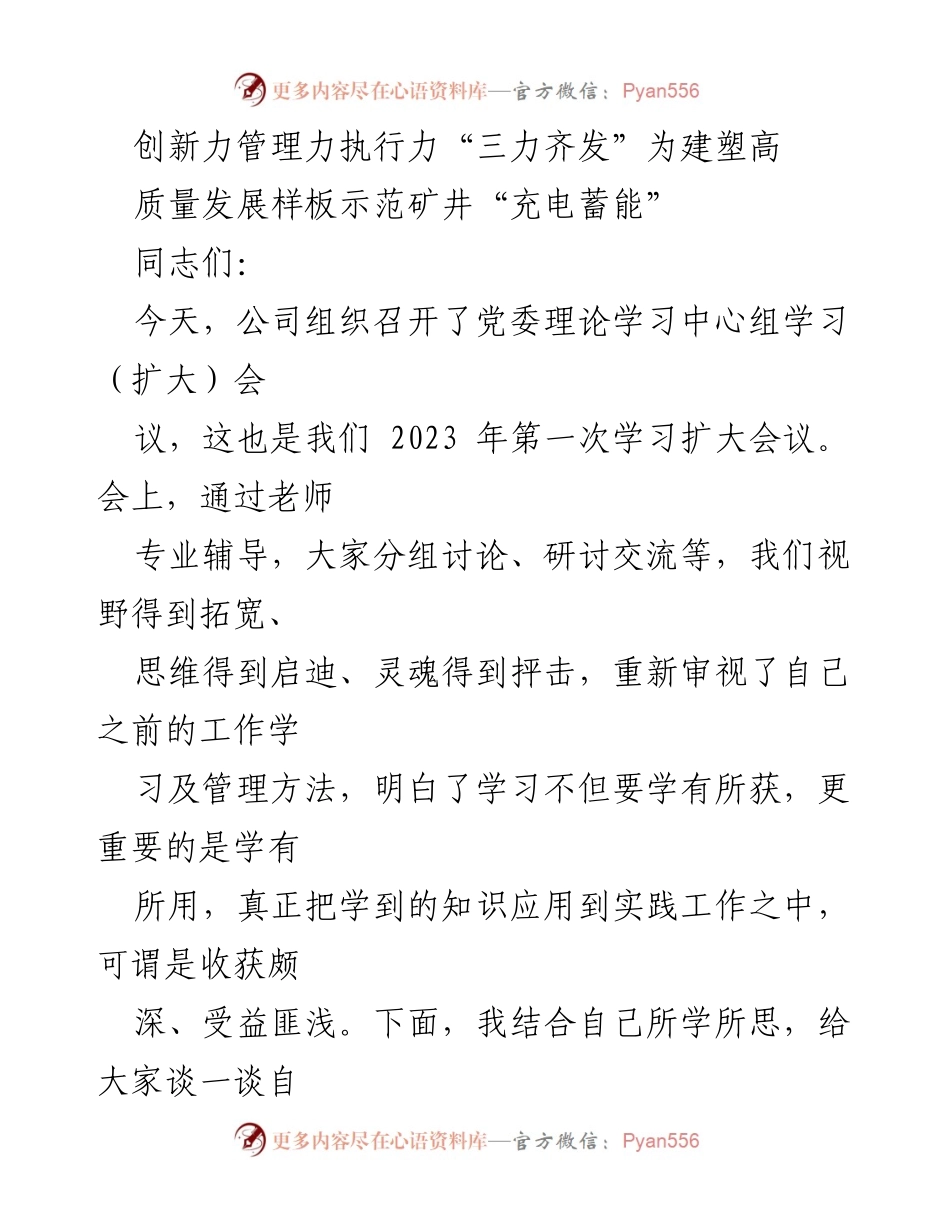 [发言] 党委理论学习中心组学习（扩大）会议 - 三力齐发：推动高质量发展与创新实践.docx_第1页
