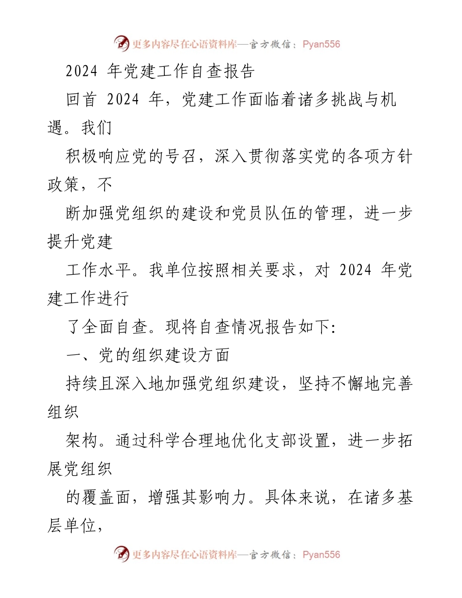 [发言] 党建工作自查会议 - 2024年党建工作自查报告概述.docx_第1页