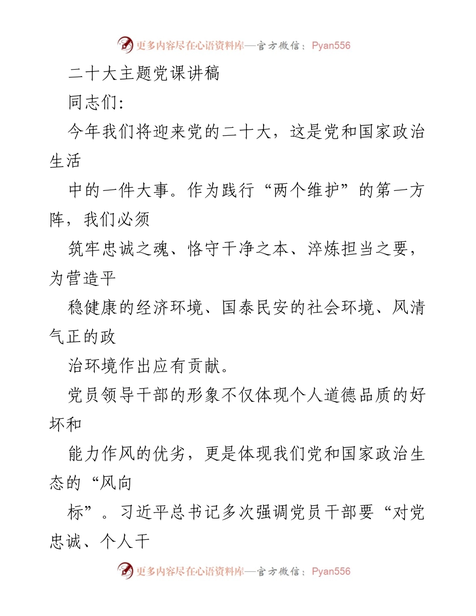 [发言] 党的二十大主题党课 - 忠诚、干净、担当：新时代党员干部的使命与责任.docx_第1页