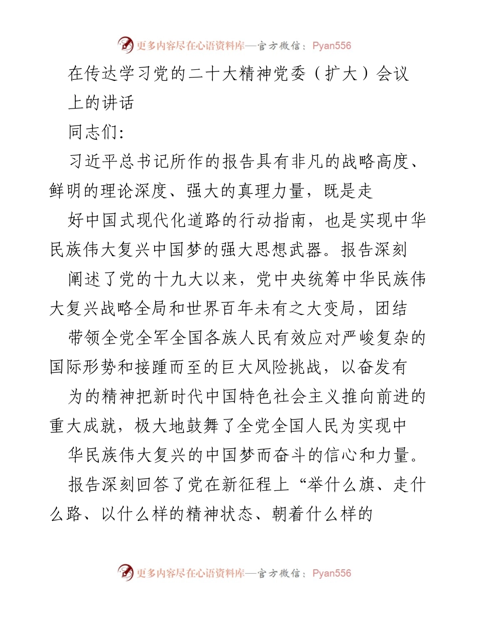 [发言] 党委（扩大）会议 - 深入学习贯彻党的二十大精神的行动纲领.docx_第1页