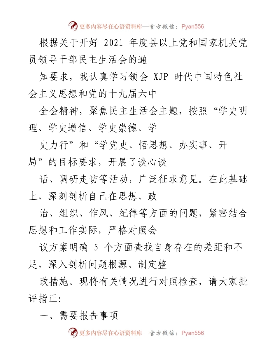[发言] 党员领导干部民主生活会 - 深入剖析与整改落实情况报告.docx_第1页