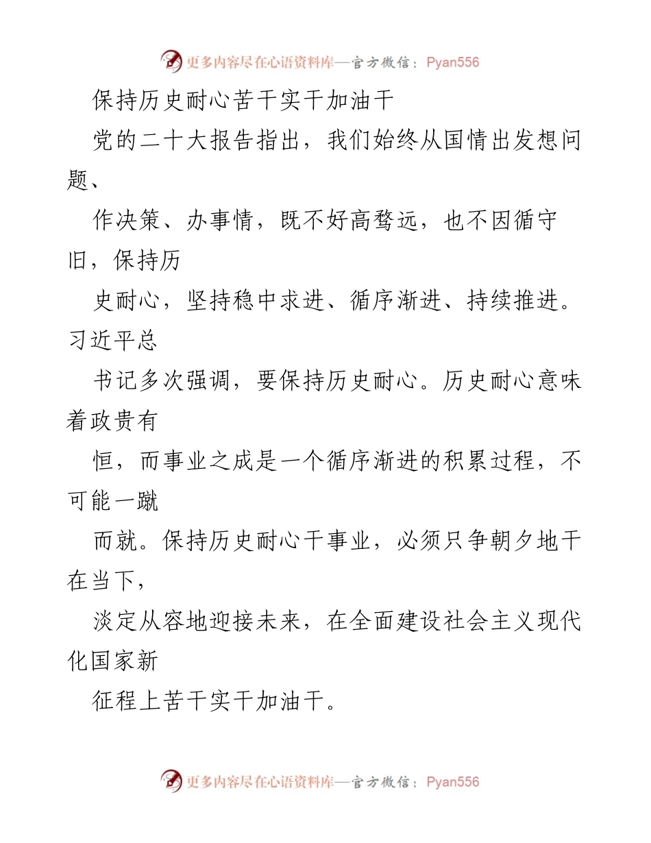 [发言] 党的二十大精神学习会 - 坚持历史耐心，奋发有为，共筑伟大复兴梦想.docx_第1页