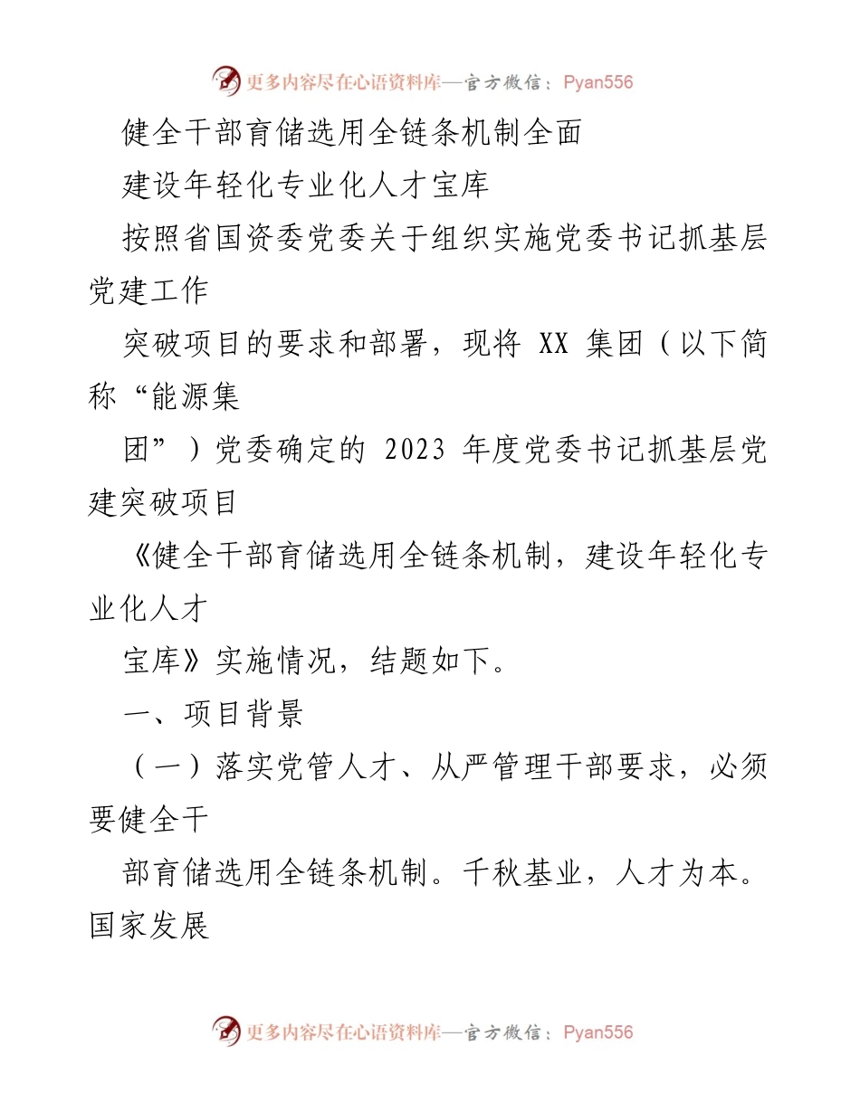 [发言] 党委会议 - 加强干部育储选用机制，建设年轻化专业化人才队伍.docx_第1页