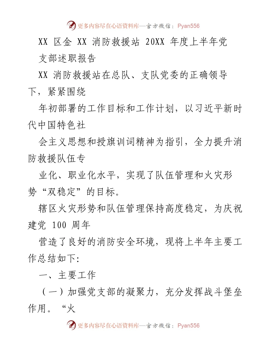 [发言] 党支部述职 - XX区金XX消防救援站2023年度上半年党支部工作总结报告.docx_第1页