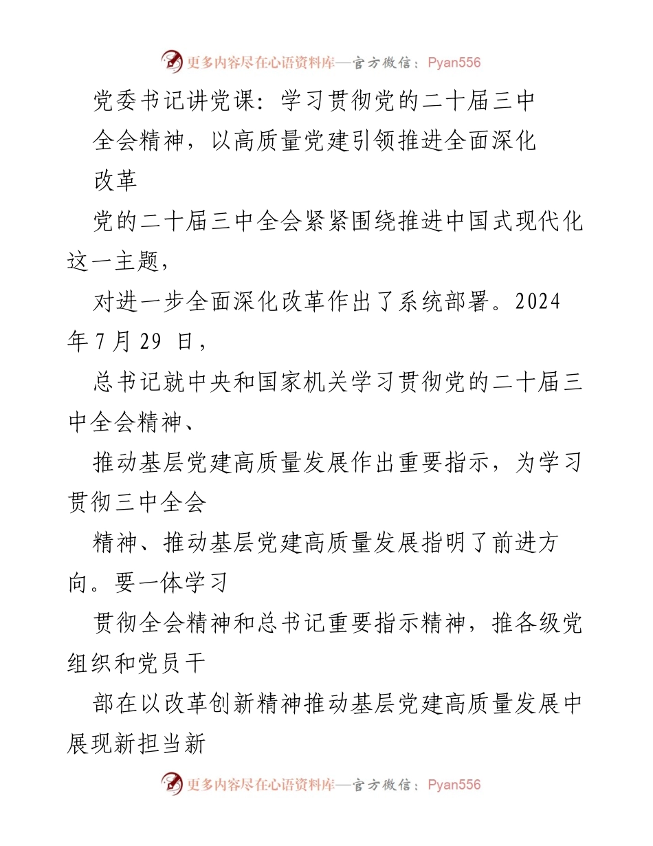 [发言] 党委书记讲党课 - 学习贯彻党的二十届三中全会精神，推动高质量党建与改革发展.docx_第1页