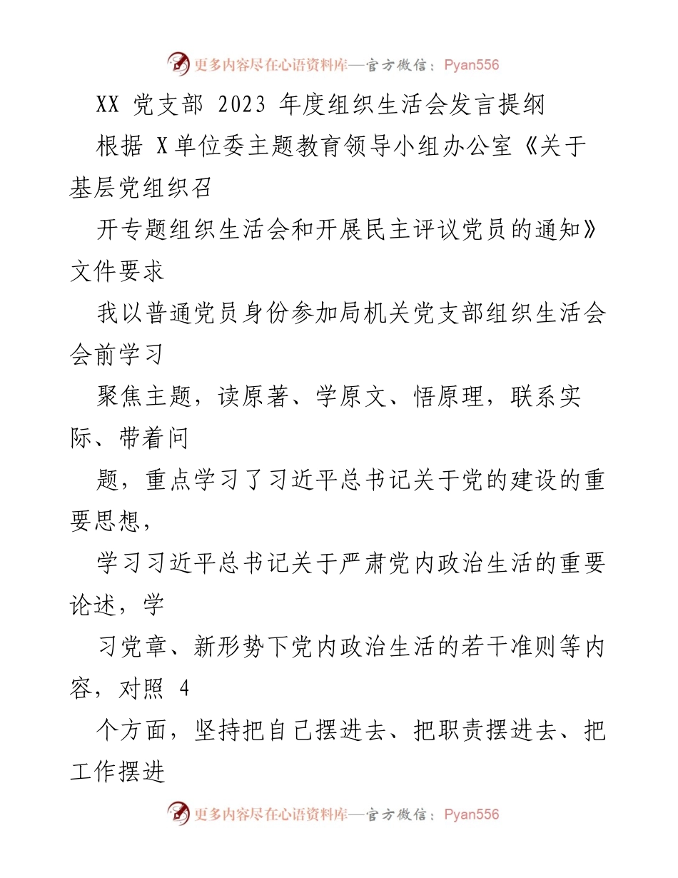 [发言] 党支部组织生活会 - 2023年度组织生活会发言提纲与自我检视.docx_第1页