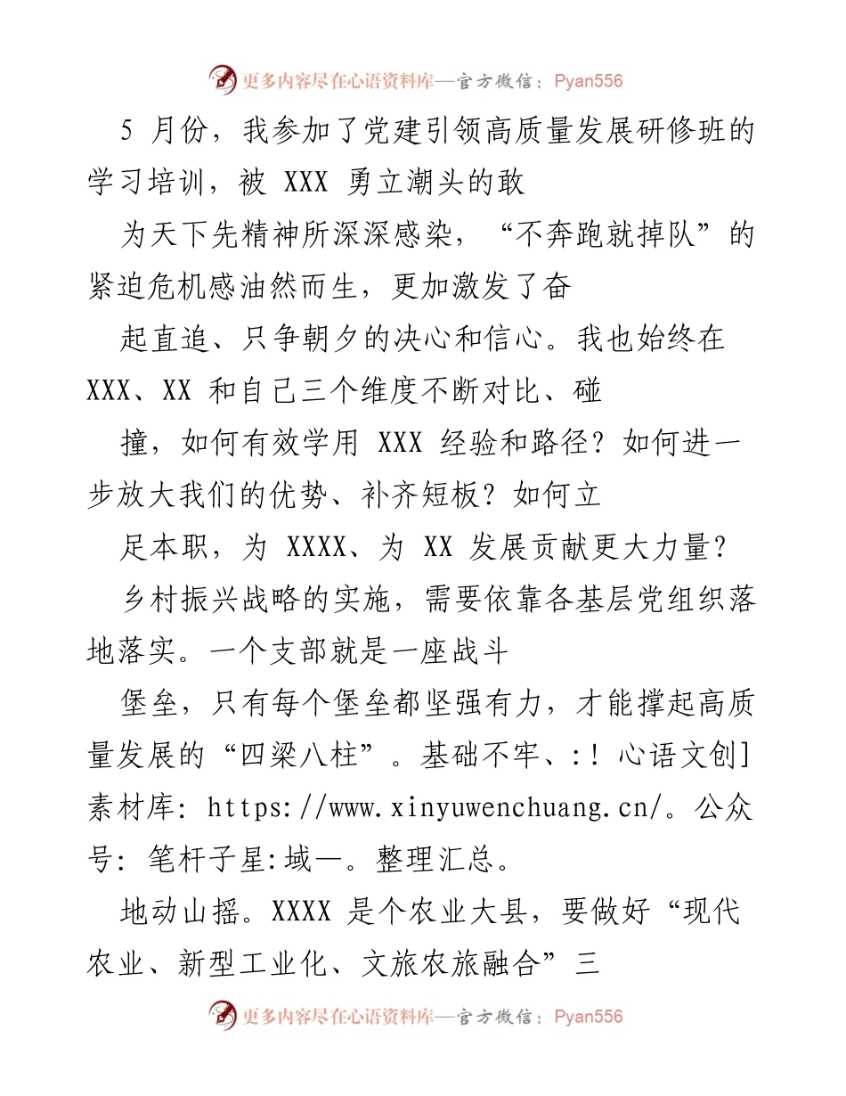 [发言] 党建引领高质量发展研修班 - 乡村振兴与党建支部建设的思考.docx_第1页