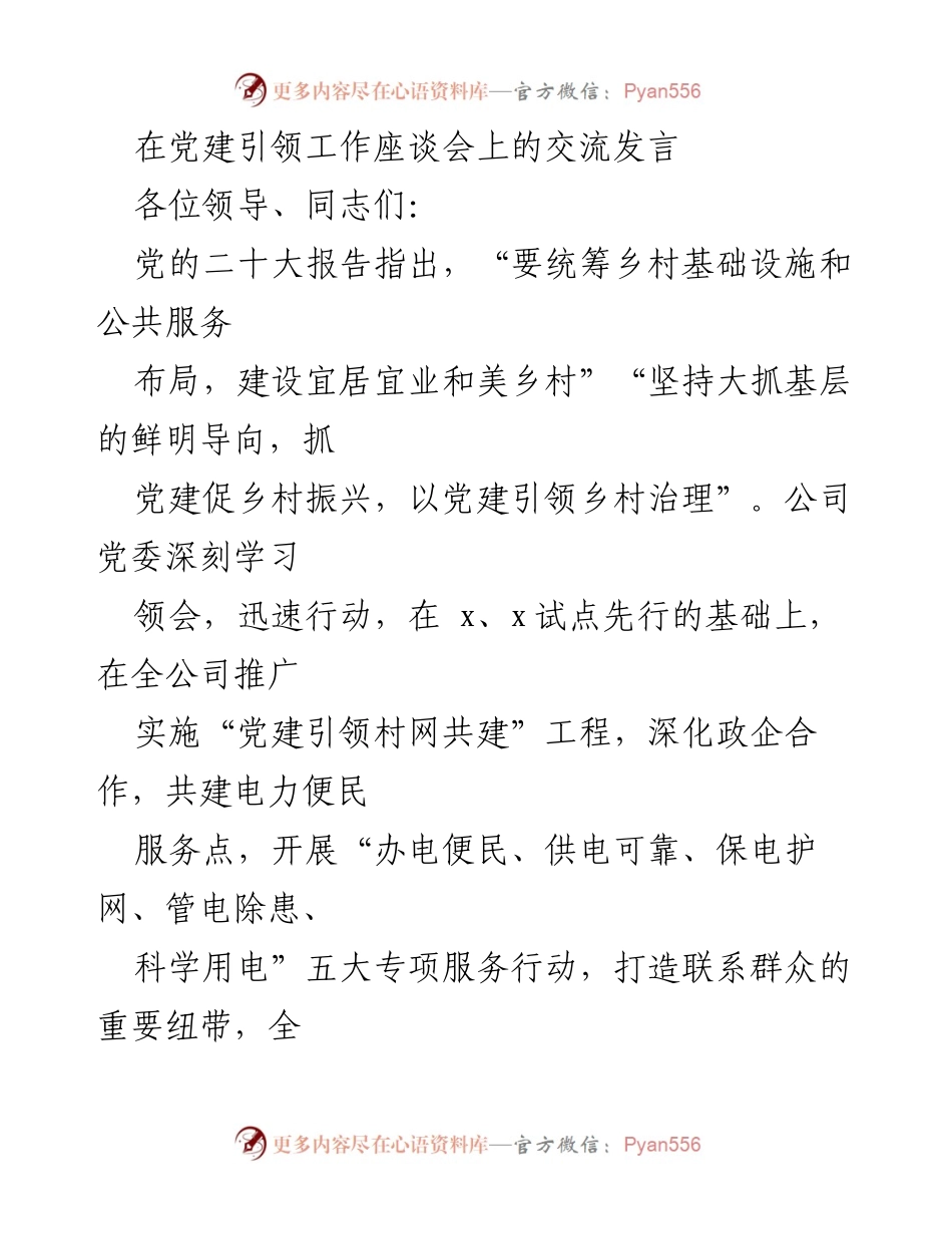 [发言] 党建引领工作座谈会 - 党建引领乡村振兴与电力服务共建实践.docx_第1页