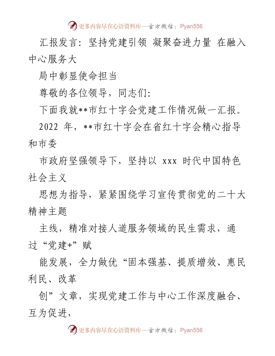 [发言] 党建工作汇报 - 坚持党建引领，推动红十字事业高质量发展.docx_第1页