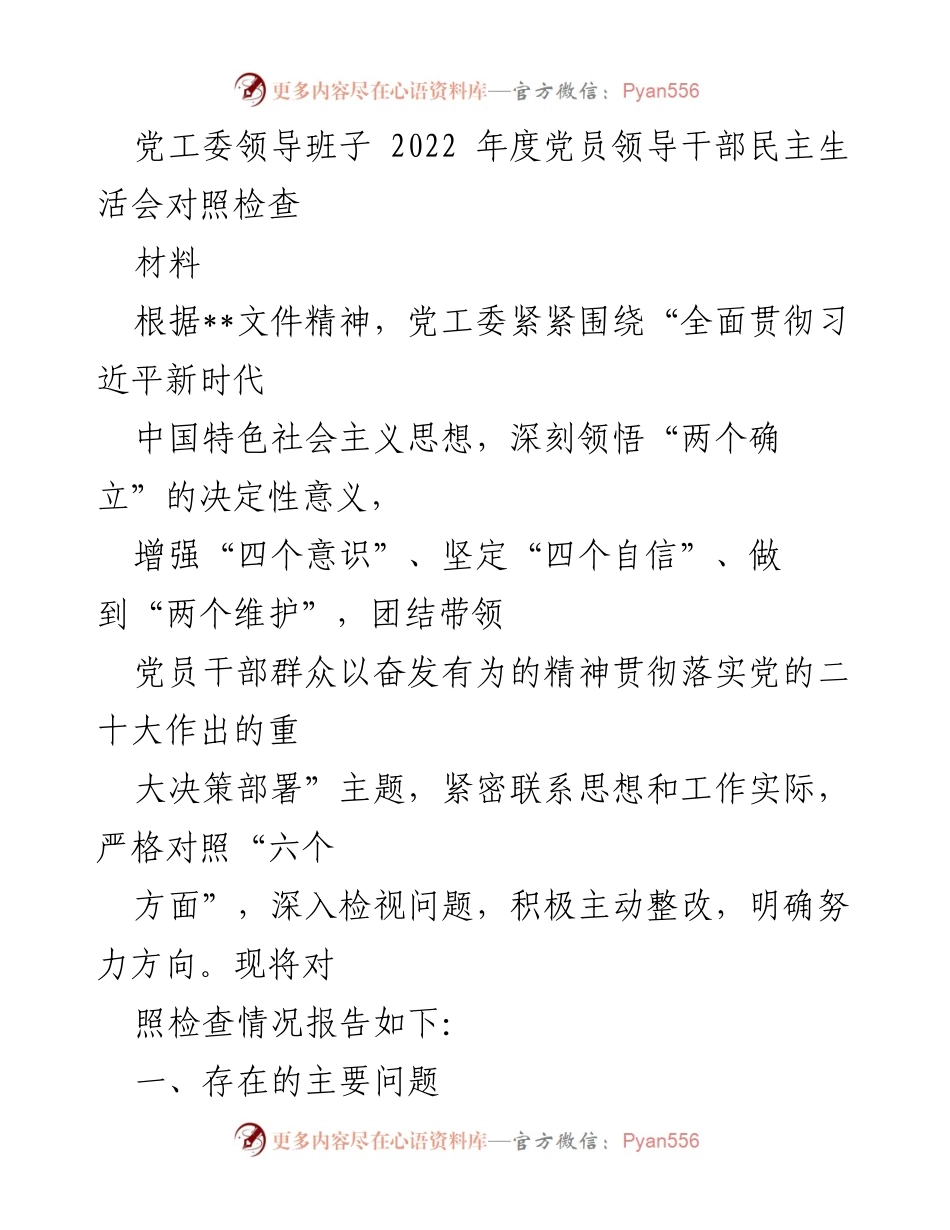 [发言] 党工委年度民主生活会 - 2022年度党员领导干部民主生活会对照检查报告_1.docx_第1页