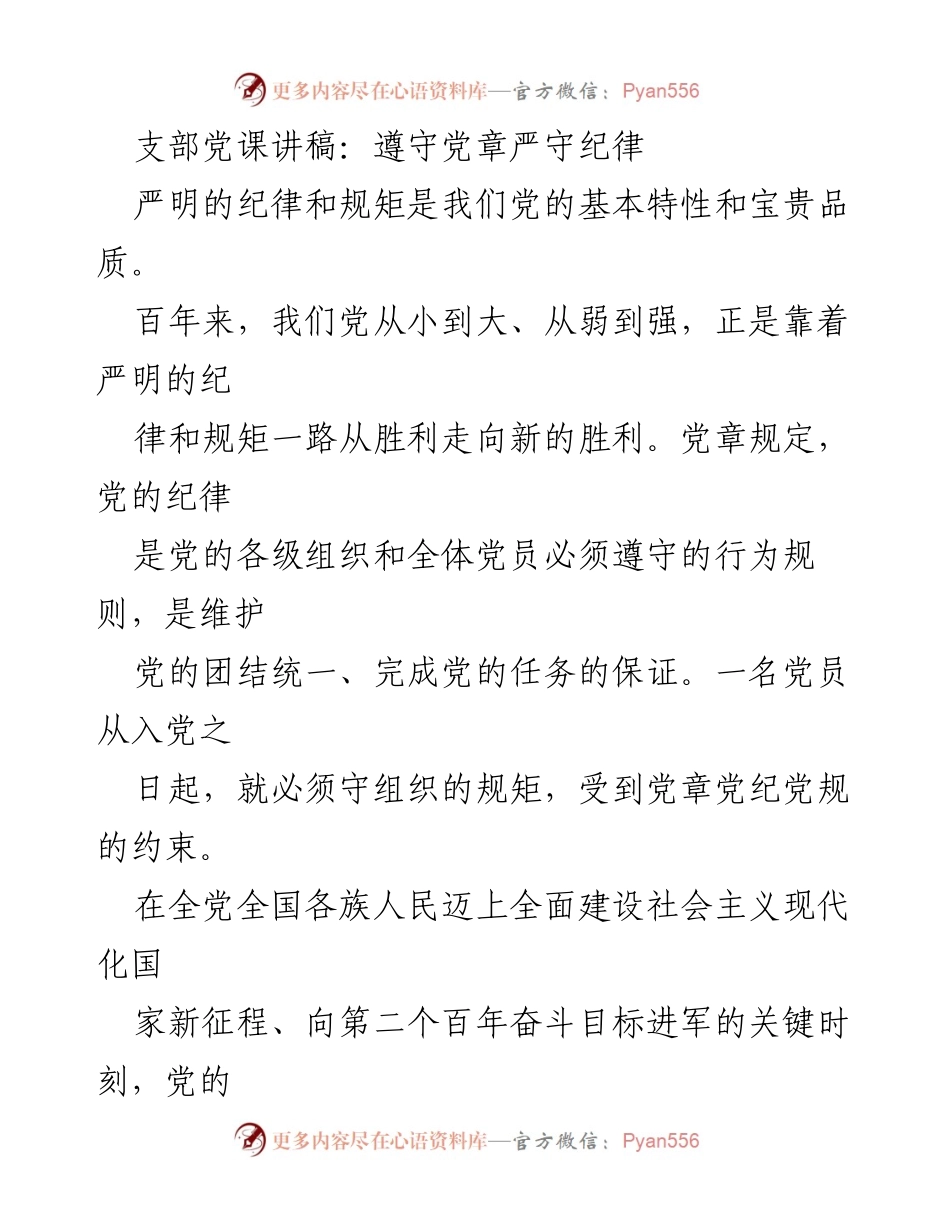 [发言] 党支部党课 - 严明纪律，筑牢党的根基.docx_第1页