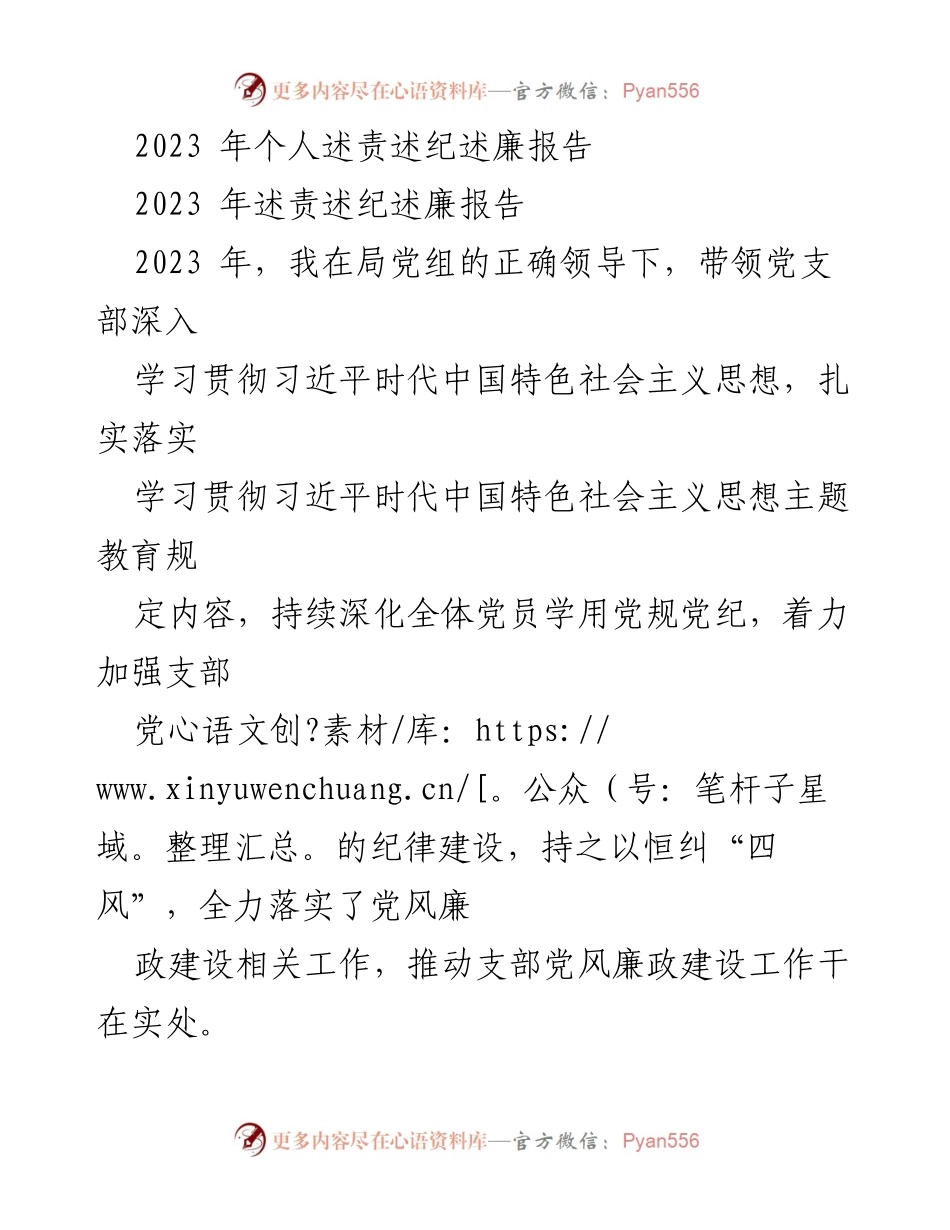 [发言] 党支部年度工作总结 - 2023年个人述责述纪述廉报告.docx_第1页