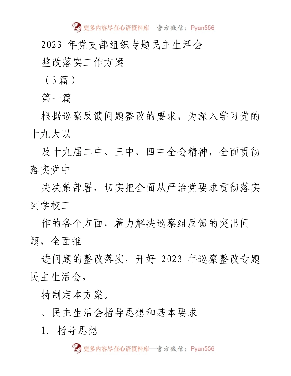 [发言] 党支部民主生活会 - 2023年巡察整改专题民主生活会工作方案.docx_第1页