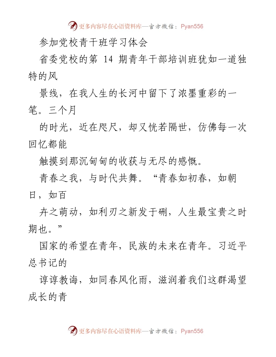 [发言] 党校青干班学习总结 - 青春共舞，使命担当：我的党校学习体会.docx_第1页