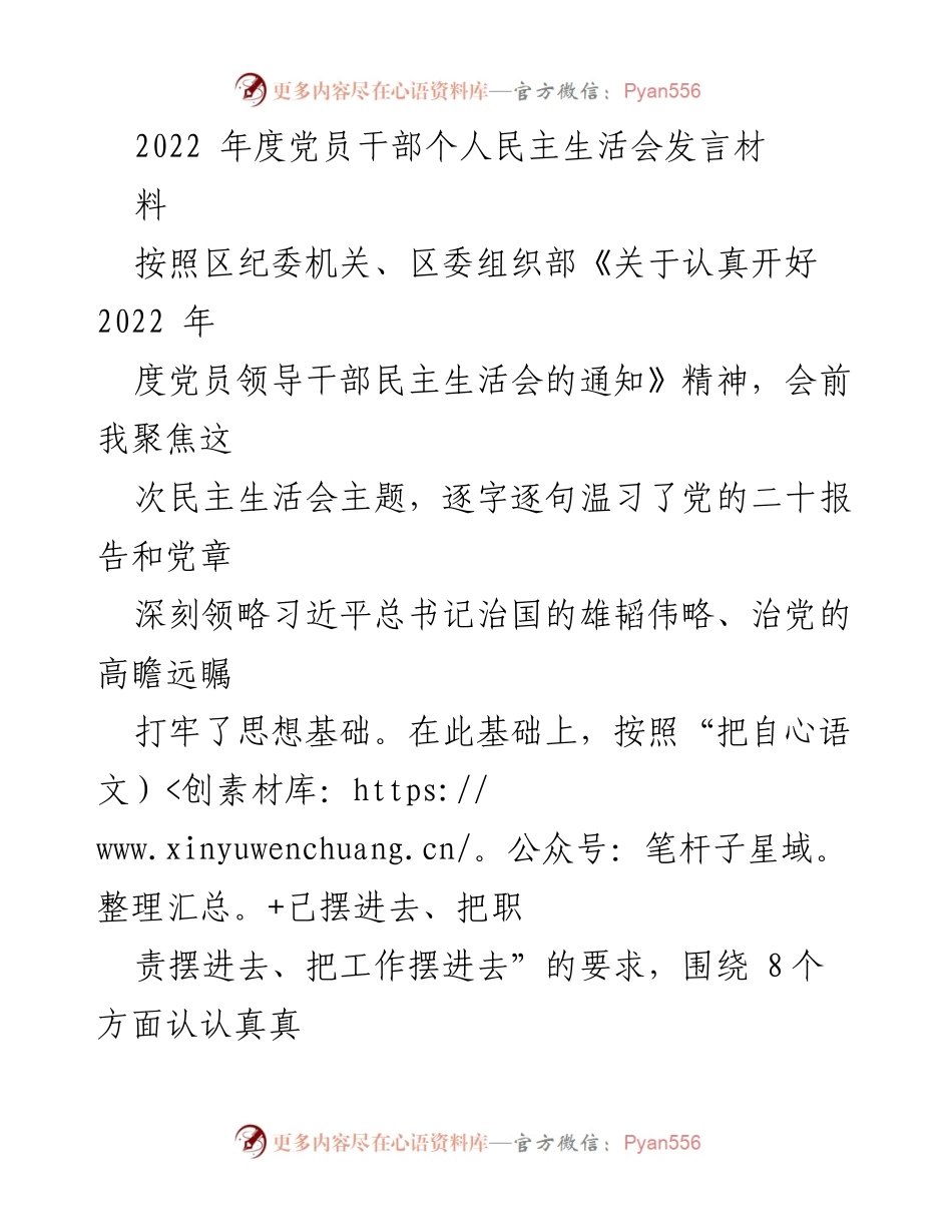 [发言] 党员领导干部民主生活会 - 2022年度党员干部民主生活会发言材料总结.docx_第1页