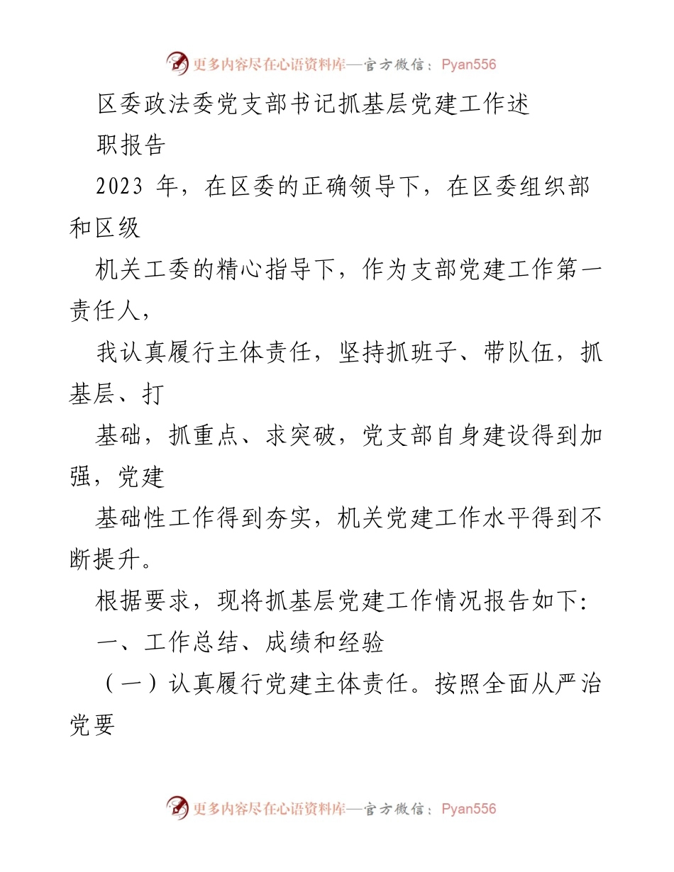 [发言] 党支部工作总结 - 2023年区委政法委党支部党建工作述职报告.docx_第1页