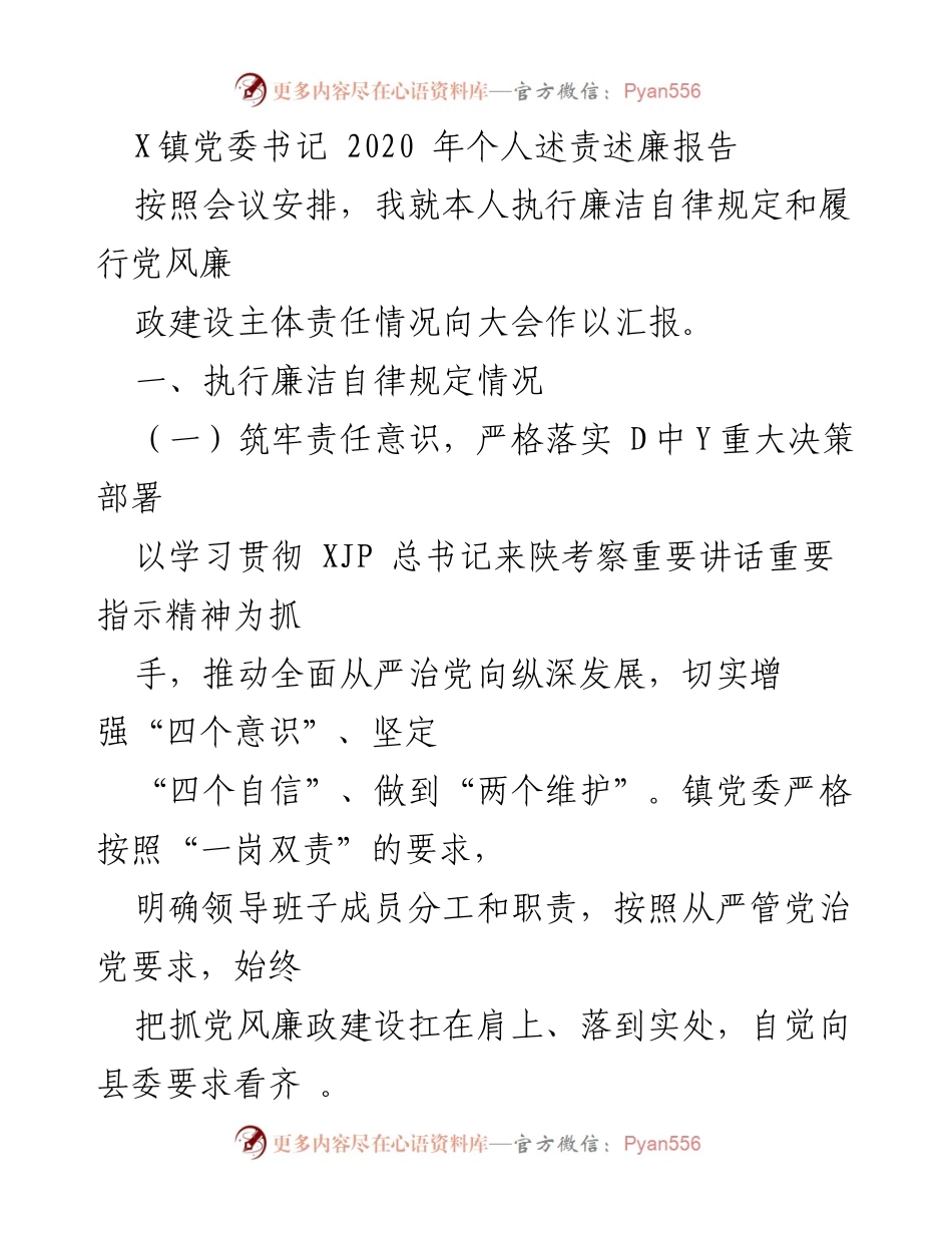[发言] 党委会议 - 2020年X镇党委书记个人述责述廉报告.docx_第1页