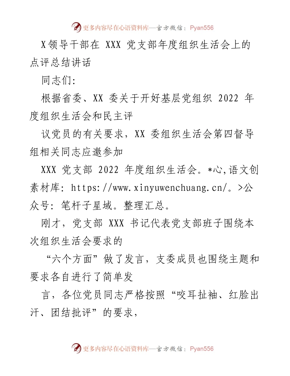[发言] 党支部年度组织生活会 - 领导干部点评总结与整改推进建议.docx_第1页